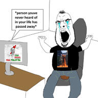 aaron_bushnell angry bloodshot_eyes chair clothes computer crying desk fire full_body glasses open_mouth palestine poop soyjak stinky stubble subvariant:hairson text variant:cobson // 1170x1162 // 399.8KB