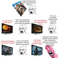 bloodshot_eyes comic deformed glasses monitor open_mouth pink_skin playstation soyjak stubble variant:soyak video_game // 1500x1500 // 452.5KB