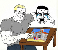 2soyjaks bloodshot_eyes blue_eyes crying eyes_like_the_o-o-cean hair muscles open_mouth pointing sitting super_mario super_mario_64 table trend:aryan variant:alicia variant:chudjak video_game yellow_hair // 1024x890 // 738.8KB