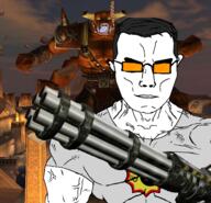 bomb buff closed_mouth clothes demon desert egypt firearm glasses gun hair hanging holding_gun holding_object minigun monster orange_sunglasses rope sand screenshot serious_sam soyjak subvariant:chudjak_front subvariant:muscular_chud sunglasses tshirt ugh-zan_iii variant:bernd variant:chudjak vein video_game weapon // 553x532 // 399.8KB