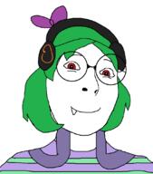 artist:crimsonvoidhydra1488 bowtie fangs female glasses green_hair headphones nose red_eyes smile subvariant:female_cobson variant:cobson vocaroo vocaroo_tan // 962x1094 // 43.3KB