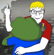 all amphibian badge frog hugging middle_finger nas:pepe nate pepe_the_frog smile variant:feraljak yellow_hair // 1008x1024 // 846.5KB