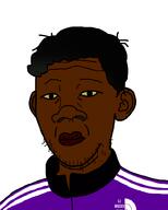 afro brown_skin closed_mouth ear hair lips looking_at_you neutral nigger soyjak stubble text track_suit variant:kuzjak yellow_sclera // 810x1012 // 71.5KB