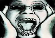 bald black_eyes dark_eyes eyebrows favorited_by_jimbo glasses hand hands_on_face jpeg looking_at_you low_quality no_pupils nose open_mouth screamer soyjak stubble teeth tongue variant:bernd // 436x299 // 13.3KB