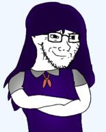 arm beard closed_mouth crossed_arms female glasses mari_(omori) omori omorigods purple_hair purple_shirt school_uniform smile smug subvariant:soyak_(smug) variant:soyak // 564x699 // 86.3KB