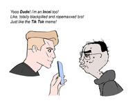 acne angry balding black_shirt blond chad chinless closed_mouth clothes ear eye_bags glasses grey_skin hair hand holding_phone hoodie incel lips looking_at_each_other nordic_chad shaved side_profile smile soyjak text thick_eyebrows tiktok variant:chudjak virgin white_skin // 1024x805 // 53.0KB