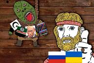 2soyjaks arm bandana beard blue_eyes chechnya clothes cyrillic_text donetsk flag flag:donetsk flag:luhansk flag:russia flag:ukraine full_body hand hanging islam kolovrat lizard luhansk monkey_putin open_mouth red_eyes ring rope russia slavic smile soyjak text thumbs_up tongue ukraine variant:gapejak variant:kuzjak vladimir_putin wood z_(russian_symbol) // 1280x853 // 170.1KB