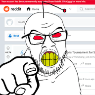 angry animated antenna clenched_teeth glasses hand pointing pointing_at_viewer red_eyes reddit shaking snoo soyjak stubble variant:feraljak yellow_teeth // 1000x1000 // 205.0KB