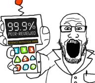 animated arm flashing glasses hand holding_object lab_coat ninety_nine_percent open_mouth peer_review percentage science scientist stubble subvariant:phoneplier technology variant:markiplier_soyjak // 1030x900 // 263.8KB