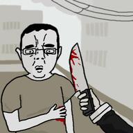 arm blood building clothes drawn_background ear eyebrows glasses hair hand holding_object knife murder open_mouth redraw soyjak stab subvariant:chudjak_front tshirt variant:chudjak // 564x564 // 30.1KB