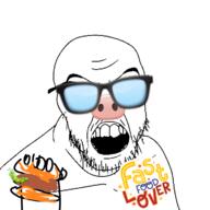 angry bug caterpillar food glasses goyslop hamburger hand holding_object oekaki open_mouth snout soyjak stubble text variant:feraljak worm // 719x720 // 123.5KB