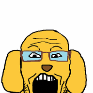 animal animated clothes dog ear glasses janny japanese_text open_mouth poyopoyo snout soyjak stubble suspenders text tonton variant:markiplier_soyjak yellow_skin // 300x400 // 522.4KB