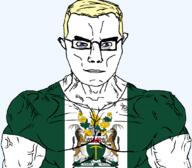 arm blue_eyes buff chud closed_mouth clothes country ear flag glasses hair muscles rhodesia soyjak subvariant:chudjak_front subvariant:muscular_chud tshirt variant:chudjak vein yellow_hair // 1059x929 // 164.8KB