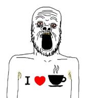 bloodshot_eyes coffee i_love open_mouth soyjak stubble text variant:a24_slowburn_soyjak wrinkles yellow_teeth // 718x816 // 51.1KB