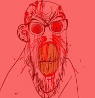 angry blood blood_from_ears blood_from_mouth blood_on_face blood_splatter bloodshot_eyes broken_teeth distorted ear eyebrows glasses red_background soyjak subvariant:feralrage teeth teeth_showing variant:feraljak wrinkles // 894x919 // 902.6KB