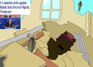 body_hair bomb bombing cat_ear clothes dead donald_trump hat jimbo_(namefag) jimbo_(user) laughing live_reaction meta:namefags news nigger niko_(oneshot) no_shirt oneshot oneshot_pedo_nigger rubble tongue trend:slopjak variant:alicia yellow_teeth