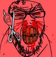 angry blood clenched_teeth ear ear_removal glasses mustache red scissors soyjak stubble subvariant:feralrage variant:feraljak yellow_teeth // 894x919 // 734.3KB