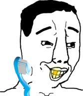 closed_mouth glowing golden_tooth hair happy looking_to_the_right smile soyjak teeth toothbrush toothpaste variant:chudjak // 640x734 // 78.7KB