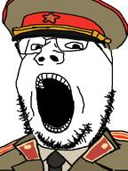 clothes communism ear glasses hair hammer_and_sickle hat kgb necktie open_mouth smirk soyjak stubble uniform variant:gapejak // 600x800 // 166.8KB