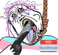 anhero bbc bloodshot_eyes crying dildo drool hanging holding_dildo lifesucksthenyoudie mustache open_mouth purple_hair rope slopjak soybooru soyjak stubble suicide text tongue tranny variant:bernd yellow_teeth // 768x719 // 323.1KB