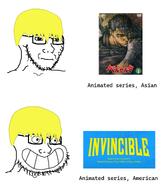 berserk calarts closed_mouth frown glasses grin invincible_(show) irritated looking_to_the_right nate natejak smile so_true soyjak soyteen stubble subvariant:so_true! subvariant:soyak_(irritated) text thing_japanese variant:soyak white_background // 1300x1555 // 847.9KB