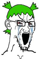 4chan angry anime bloodshot_eyes crying ear female glasses green_hair hair open_mouth soyjak stretched_mouth stubble teeth transparent_background variant:soyak yotsoyba // 785x1085 // 130.4KB