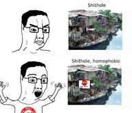 2soyjaks closed_mouth clothes excited flag glasses hair hand hands_up irl lgbt meme nazism open_mouth pol_(4chan) shithole soyjak swastika tshirt variant:chudjak watermark // 2214x1899 // 880.1KB