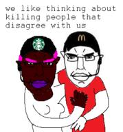 2soyjaks arm black_skin closed_mouth clothes glasses hair hand hat mcdonalds pink_hair soyjak subvariant:pol_face text tranny tshirt variant:chudjak // 292x313 // 37.5KB