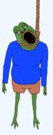 ack animal arm bloodshot_eyes clothes cross_eyed crying dead frog full_body green_skin hand hanging leg no_teeth nostril open_mouth pepe rope soyjak suicide variant:bernd // 1074x2709 // 87.4KB