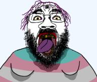 beard brown_eyes clothes eyelashes glasses gynaecomastia hair lipstick mustache open_mouth purple_hair rotten_teeth soyjak sweating thick_eyebrows tranny ugly variant:bernd wide_nose wrinkles yellow_sclera // 576x490 // 14.5KB