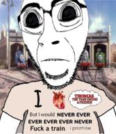 biting_lip glasses i_heart i_would_never irl_background soyjak stubble subvariant:hornyson subvariant:science_lover thomas_the_tank_engine train variant:cobson variant:markiplier_soyjak // 680x784 // 680.7KB