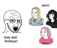 arm blush closed_mouth clothes concerned daddy's_girl doomer dress female femboy femjak glasses meme open_mouth pink_hair soyjak soyjak_comic stubble subvariant:trad_wife text tired variant:soyak wojak yellow_hair // 1439x1211 // 981.8KB