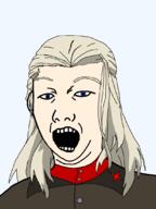 anime blond blue_eyes brown_shirt clara_(girls clothes ear girls_und_panzer happy kuz necktie open_mouth pravda pravda_uniform red_shirt red_star smile smirk soy soyjak soylent star stubble uniform variant:ronald vodka white_hair // 810x1080 // 32.6KB