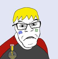 4chan badge biting_lip closed_mouth discord discord_logo_facial_mark facial_mark glasses hair nate soyjak soyjak_party stubble variant:feraljak yellow_hair // 1470x1500 // 122.3KB