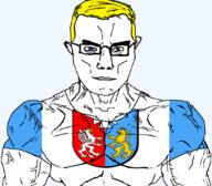 animal arm blue_eyes buff closed_mouth clothes country crown flag flag:subcarpathian glasses griffin hair hand leg lion poland shield soyjak subcarpathian subvariant:chudjak_front subvariant:muscular_chud tongue transparent transparent_background tshirt variant:chudjak vein voivodeship wing yellow_hair // 1059x929 // 116.5KB