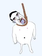 arm bloodshot_eyes crying ear full_body glasses hair hand hanging leg mustache naked nipple open_mouth penis rope soyjak subvariant:patrick suicide tongue variant:chudjak yellow_teeth // 321x430 // 28.6KB