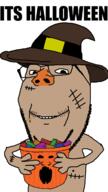 brown_skin candy clothes food halloween hat holding_object its_over naked nipple pumpkin scar smile soyjak subvariant:wholesome_soyjak text variant:gapejak variant:markiplier_soyjak // 676x1200 // 53.8KB