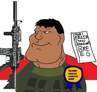 assault_rifle award blue_eyes body_armor brenton_tarrant brown_skin bulletproof_vest dark_hair gun indonesia shooter some_indonesian_niggerbabble_idk_i_swear_im_european_saar subvariant:mexiaryan variant:meximutt vest // 1040x988 // 254.2KB