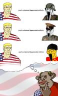 amerimutt asian bloodshot_eyes chad china closed_eyes clothes comic communism country crying flag glasses hair hammer_and_sickle hat helmet judaism military nazism open_mouth politics schutzstaffel screaming small_eyes soyjak star stretched_mouth stubble texas text thought_bubble united_states variant:soyak yellow yellow_skin // 773x1280 // 116.5KB