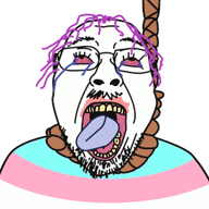 animated bloodshot_eyes clothes crying flag glasses hair hanging moving mustache open_mouth purple_hair redraw rope soyjak spinning stubble suicide tongue tranny variant:bernd yellow_teeth // 255x255 // 228.2KB