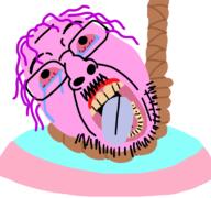 ack bloodshot_eyes corporate_memphis crying dead flag flag:transgender_pride_flag globohomo hanging minimalism pink_skin rope style_emulation tongue tranny variant:bernd yellow_teeth // 768x719 // 208.0KB