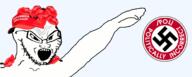 animated arm cap clothes distorted donald_trump glasses hand hat maga nazism open_mouth pol_(4chan) politics soyjak stubble swastika text variant:soyak // 2000x800 // 540.4KB