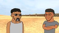 2soyjaks arm border brown_hair closed_mouth clothes crossed_arms desert glasses grey_shirt mexico open_mouth sand scared shocked smile smug soyjak stubble subvariant:doctos subvariant:soyak_(smug) tanktop variant:soyak wall // 1600x900 // 1.1MB