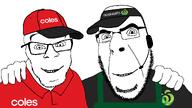 2soyjaks apron australia cap clothes coles friendship glasses hand happy hat headset logo looking_at_you no_more_brother_wars polo_shirt smile soyjak stubble supermarket variant:cobson variant:feraljak visor woolworths // 1920x1080 // 140.9KB
