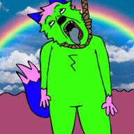 anti_nyanwolf artist:jakker dont_touch_my_pizza eyes fur furfag furry green_skin hanging irl_background kevin noose nyanwolf rainbow rope subvariant:trannyfur suicide tail tongue tranny trend:colorjak variant:bernd zombycare // 1500x1500 // 895.3KB