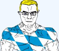 arm bavaria blue_eyes buff closed_mouth clothes flag flag:bavaria germany glasses hair soyjak subvariant:chudjak_front subvariant:muscular_chud transparent transparent_background tshirt variant:chudjak vein yellow_hair // 1059x929 // 81.0KB