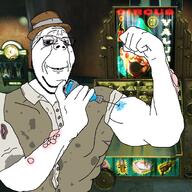 bioshock bloodshot_eyes buff clothes dirty fist glasses hair hat holding_object holding_syringe rotten_teeth smile soyjak stubble subvariant:wholesome_soyjak swolesome syringe variant:gapejak wrinkles // 2000x2000 // 3.6MB