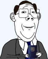 arm bible book brown_hair christianity clothes ear glasses hair hand holding_book holding_object king_james necktie pastor smile soyjak suit text variant:protestantjak // 1452x1777 // 570.7KB