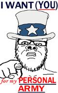 (you) closed_mouth clothes flag glasses hand hat personal_army pointing pointing_at_viewer poster propaganda soyjak stubble text top_hat uncle_sam united_states variant:a24_slowburn_soyjak // 642x1039 // 157.6KB