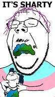 closed_eyes emblem emblem:soyjak_party flag:transgender_pride_flag glasses hair holding_object its_over meta:featured mustache nasolabial_folds poop purple_hair soyjak stubble subvariant:wholesome_soyjak text tranny troon variant:gapejak // 600x1053 // 138.7KB